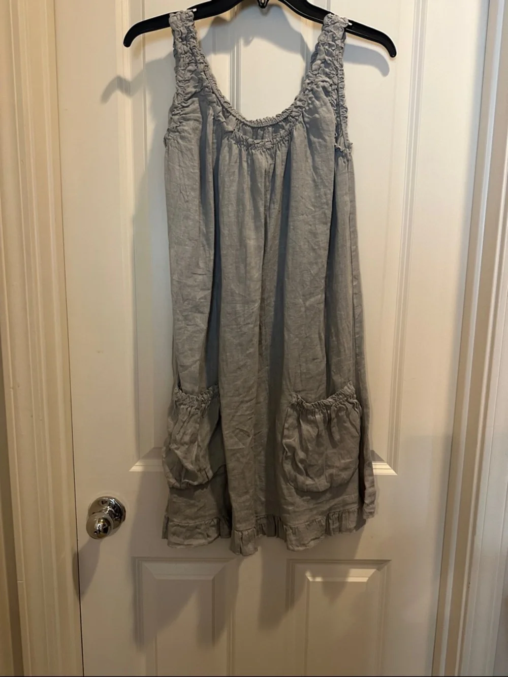 Colette Light Gray Ruffled Linen Sundress - Picture 3 of 4